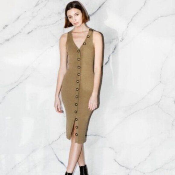 Ronny Kobo Elanna Button Front Midi Bodycon Dress Khaki Brown Size Large - Picture 1 of 9